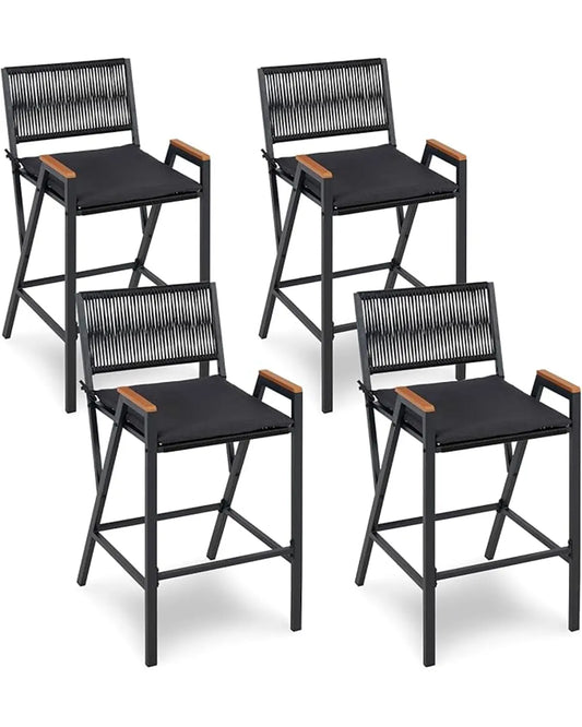 Front view of a single counter height bar stool, showcasing the rattan woven metal frame.