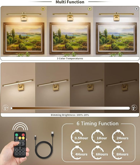 Close-up of the wireless art light's elegant brass finish and bright LED illumination.