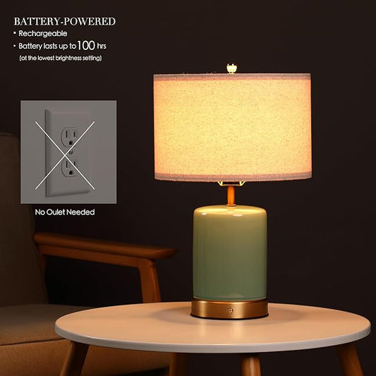 Full view of the rechargeable 19.5 inch height table lamp, showcasing its elegant ceramic base.