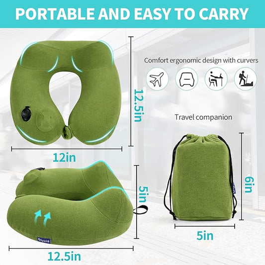 One green neck pillow inflated and in use by a person, demonstrating ergonomic head support.