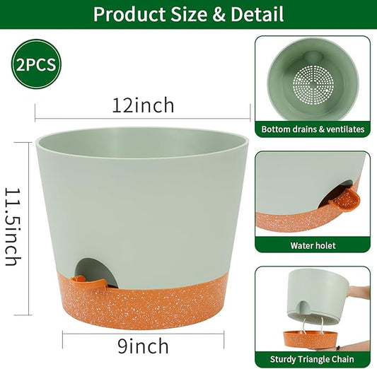 Close-up view of a single green self-watering plant pot, highlighting the deep reservoir base and visible drainage holes