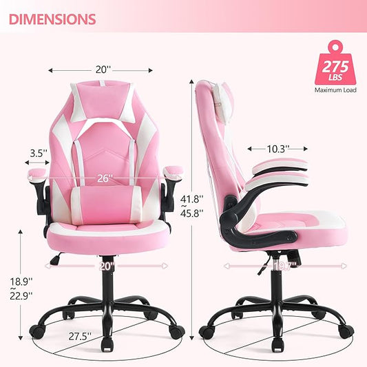 Side profile of the pink gaming chair, showcasing its adjustable height and comfortable design for adults.