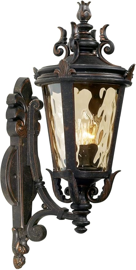 Full front view of the 22-inch outdoor light, showcasing its elegant scroll frame and veranda bronze finish.