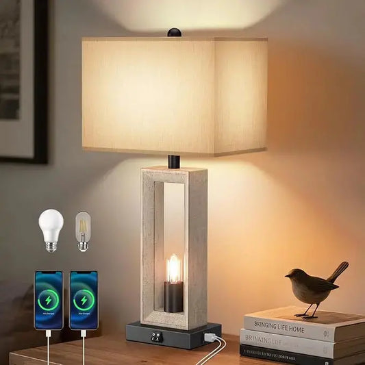 Close-up showing the integrated USB-A and USB-C charging ports on the lamp base.