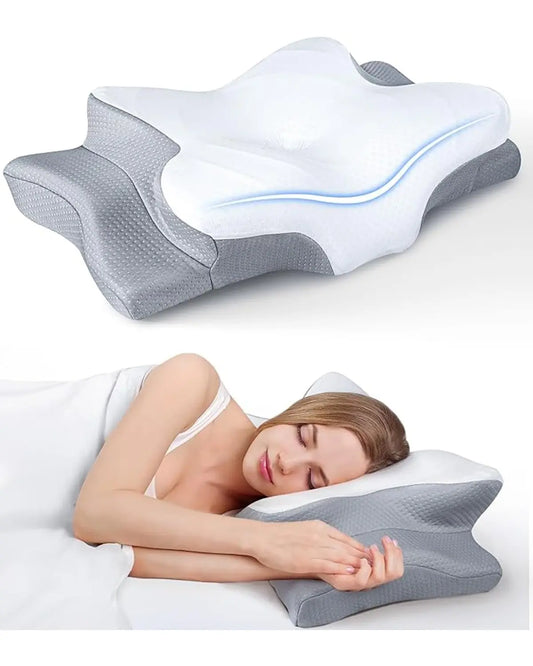 Side profile of the cervical support pillow, showing its unique wave shape for neck alignment.