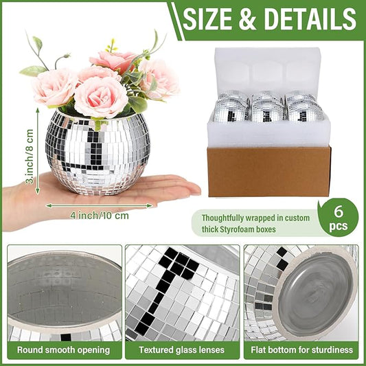 Close-up of a single 3x4 inch disco ball vase, showing its reflective mirror tiles in detail.
