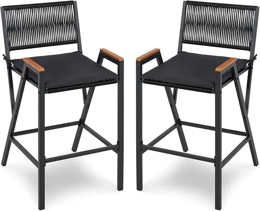 Front view of a single counter height bar stool, showcasing the rattan woven metal frame.