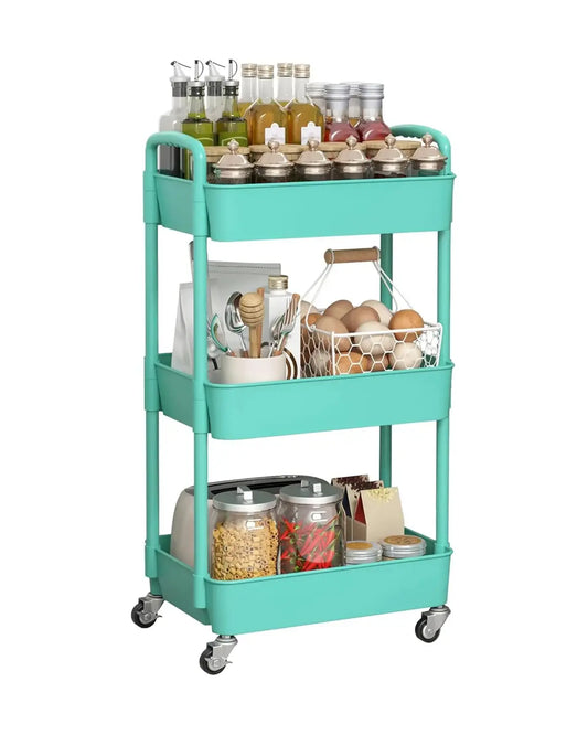 Side view of the multi-functional storage trolley, highlighting its smooth-rolling wheels.