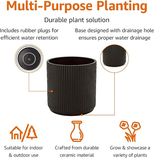 Close-up on the elegant fluted texture and matte finish of the black ceramic planter.