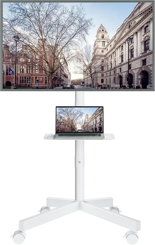 White mobile TV stand with tilt function, supporting a large screen television.