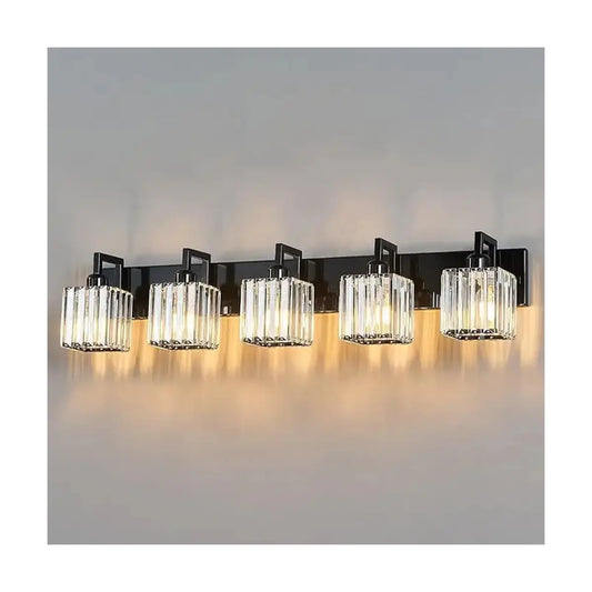 Front view of the sleek 5-light vanity light, showcasing its black finish and sparkling crystal shades.