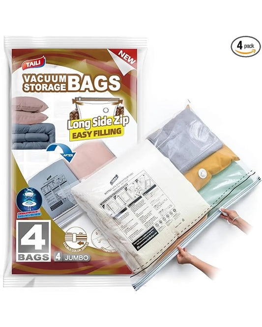 Close-up of the long side zip and valve mechanism on a single jumbo vacuum storage bag.