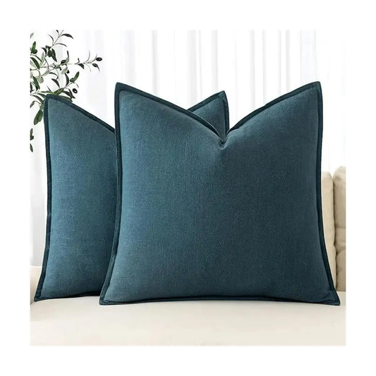 Close-up of the blue linen fabric, revealing its natural texture and calming, inviting hue.