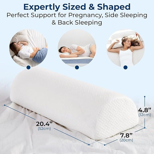 The white knee pillow positioned under the legs for back sleeping comfort.