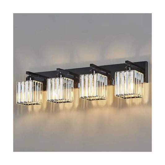 Front view of the sleek black crystal vanity light, showcasing its elegant design and four light sources.