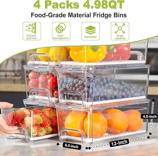 Close-up of the clear pull-out refrigerator organizer bin, showcasing its integrated strainer layer.