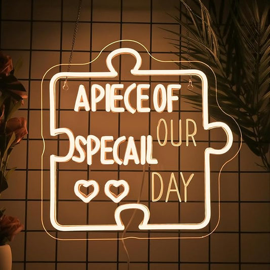 The warm white neon sign mounted on a wall, illuminating a party setting.