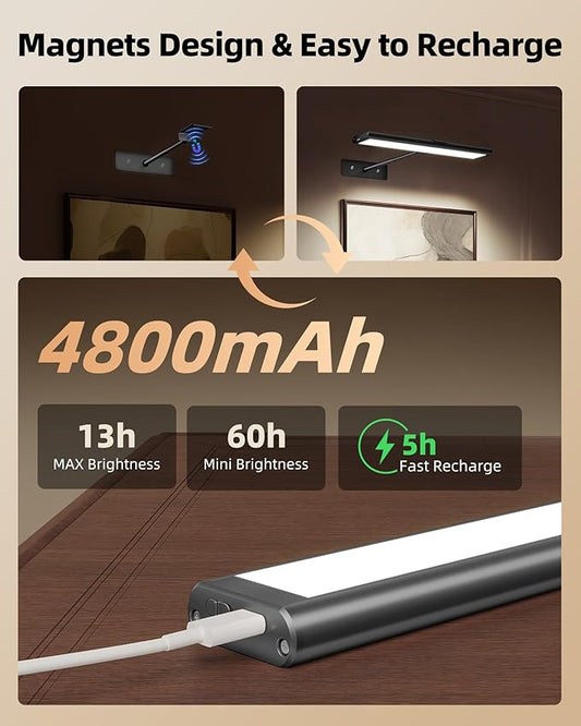 Close-up of the black picture light, highlighting its sleek design and LED strip.