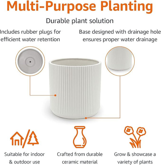 Close-up on the elegant fluted texture and smooth finish of the white ceramic planter.