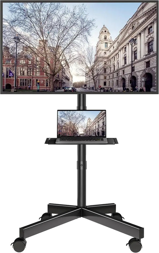 Black mobile TV stand with tilt function, supporting a large screen television.