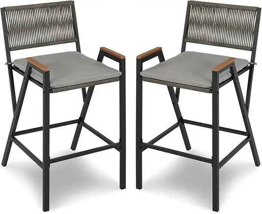 Front view of a single counter height bar stool, showcasing the rattan woven metal frame.