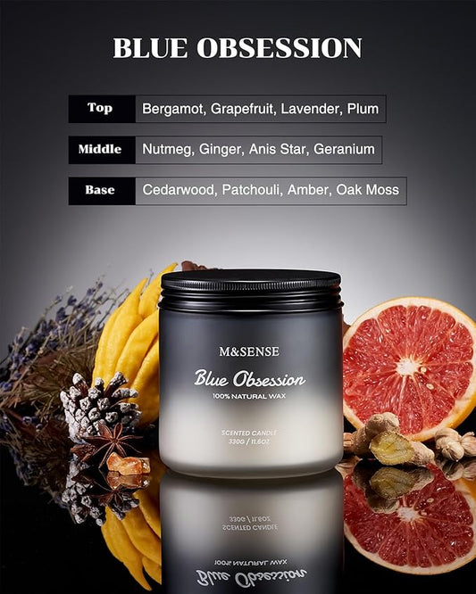 Full product view of the amber lavender candle, showcasing its label and deep wax color.