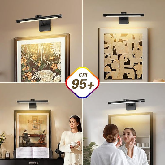 Close-up of the wireless art light's sleek black finish and warm white LED illumination.