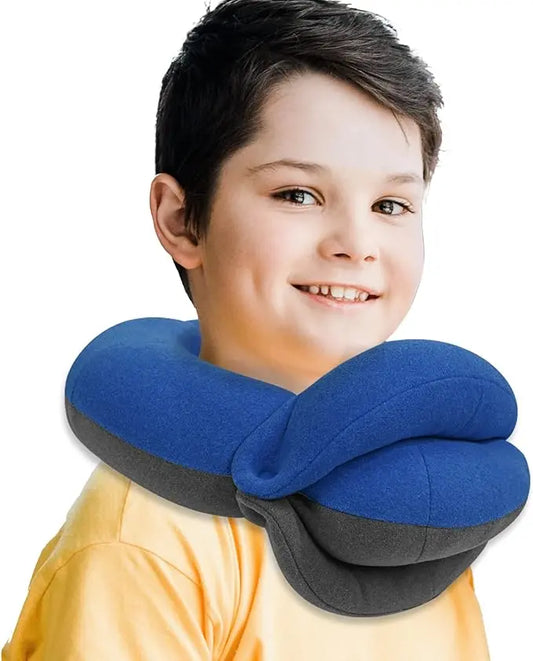 Small blue and grey kids travel neck pillow with 360° head support design.