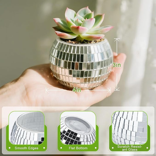 Close-up of a single disco ball vase, showcasing its reflective glass tiles and round shape.
