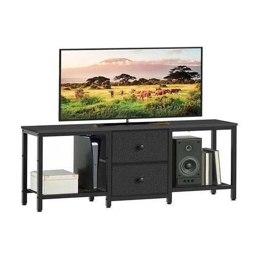 Front view, showcasing two black fabric drawers and open shelves for media devices.