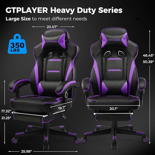 Side profile of the ergonomic purple gaming chair, highlighting its high back and supportive lumbar pillow.