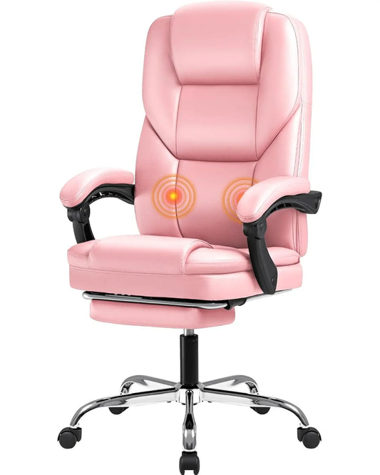 Close-up of the adjustable footrest extended from beneath the pink office chair seat.