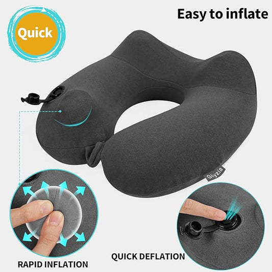 One dark gray neck pillow inflated and in use by a person, demonstrating ergonomic head support.