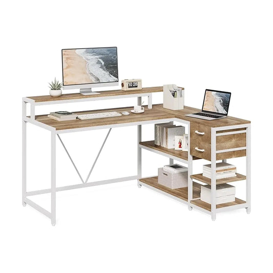 Close-up of the desk surface, showing the rich walnut wood grain and texture.