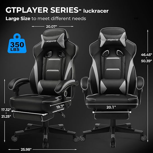 Side profile of the ergonomic light gray gaming chair, featuring its high back and adjustable lumbar support.