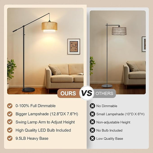 Full view of the adjustable swing arm floor lamp, showcasing its farmhouse-inspired design.