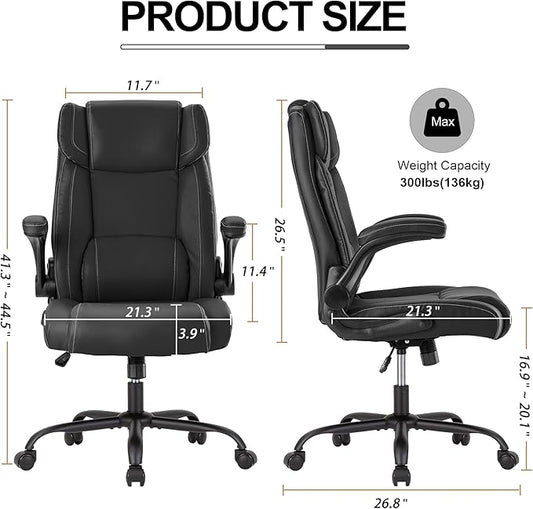 Side angle of the black office chair, emphasizing the adjustable flip-up armrests and rocking function.