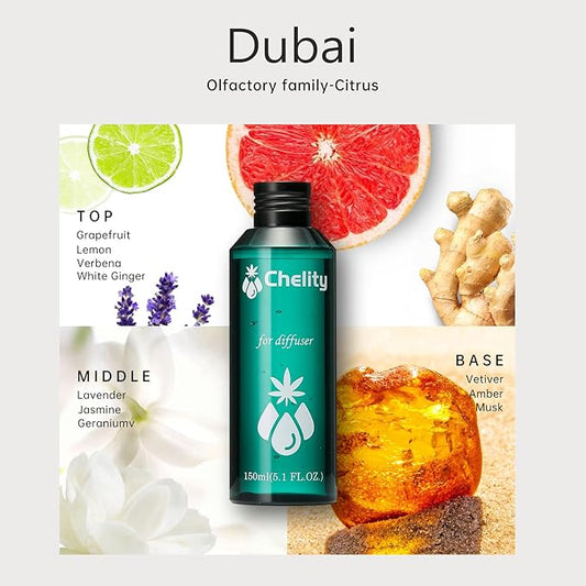 Close-up of the diffuser oil bottle's label, showing 'Dubai' scent and volume.