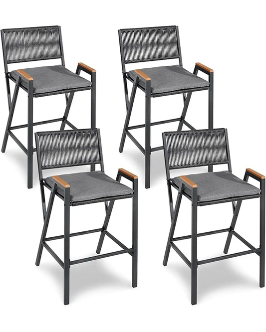 Front view of a single counter height bar stool, showcasing the rattan woven metal frame.