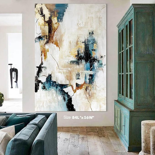 Close-up of the abstract artwork, showcasing the texture and blending of yellow and teal hues.