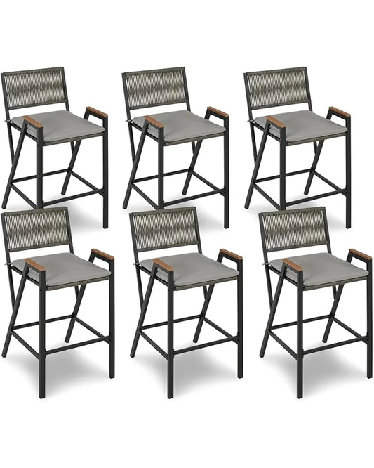 Front view of a single counter height bar stool, showcasing the rattan woven metal frame.