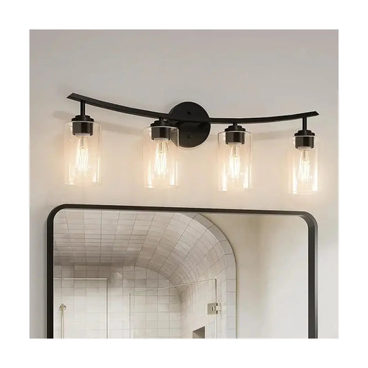 Close-up of one clear glass shade, showing its transparency and elegant form.