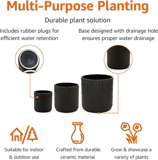 Close-up view of the distinct vertical fluted texture on the side of a black ceramic planter. The smooth, matte finish i