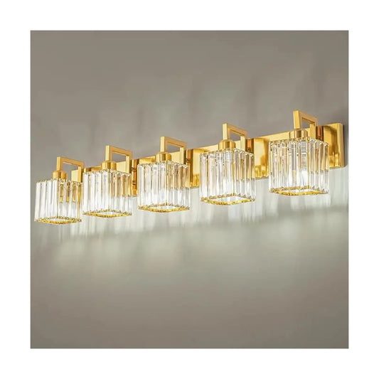 Front view of the elegant 5-light vanity light, showcasing its polished chrome finish and crystal shades.