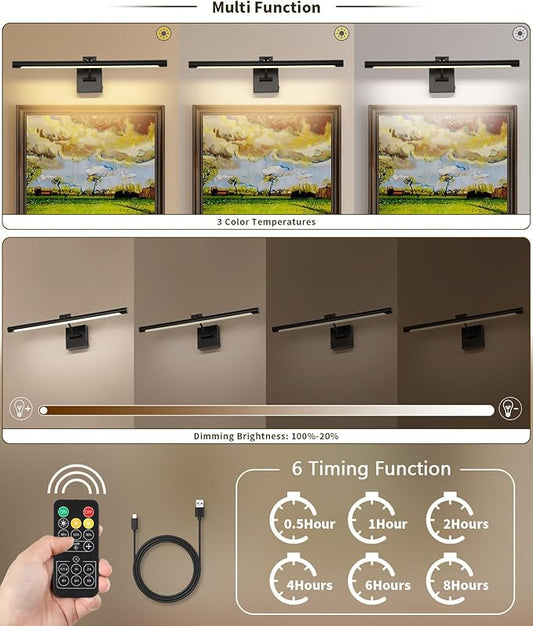 Close-up of the wireless art light's sleek black finish and bright LED illumination.