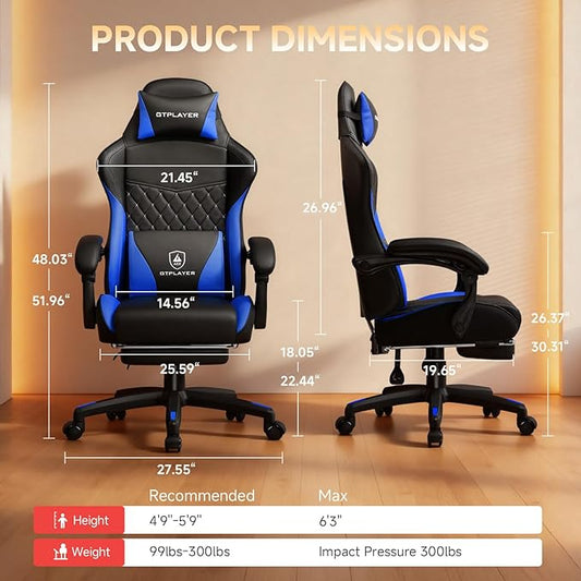 Side profile of the ergonomic blue gaming chair, highlighting its high back and leather finish.