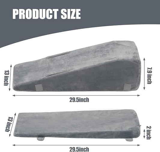 Side profile of the leg elevation pillow showing its adjustable wedge design and foam layers.