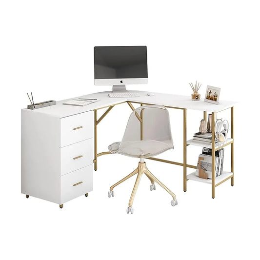 Modern computer desk designed to fit perfectly into a room's corner, maximizing space.