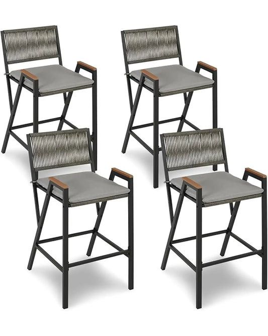 Front view of a single counter height bar stool, showcasing the rattan woven metal frame.