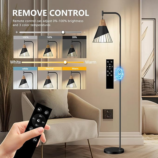 Close-up of the unique wood and black metal drum shade design on the standing lamp.